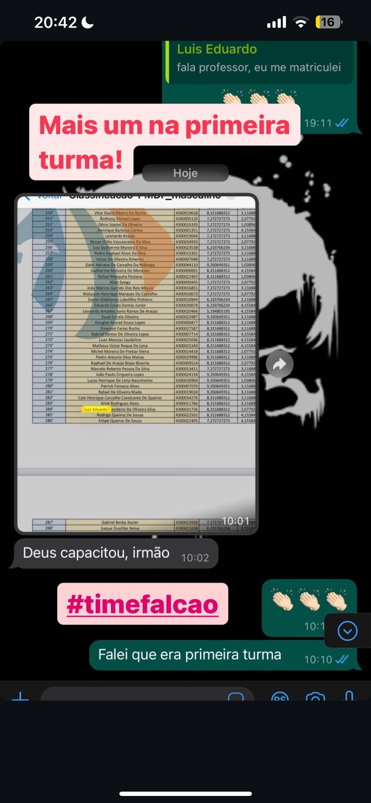 Resultado de aluno fornecido pela mentoria 1